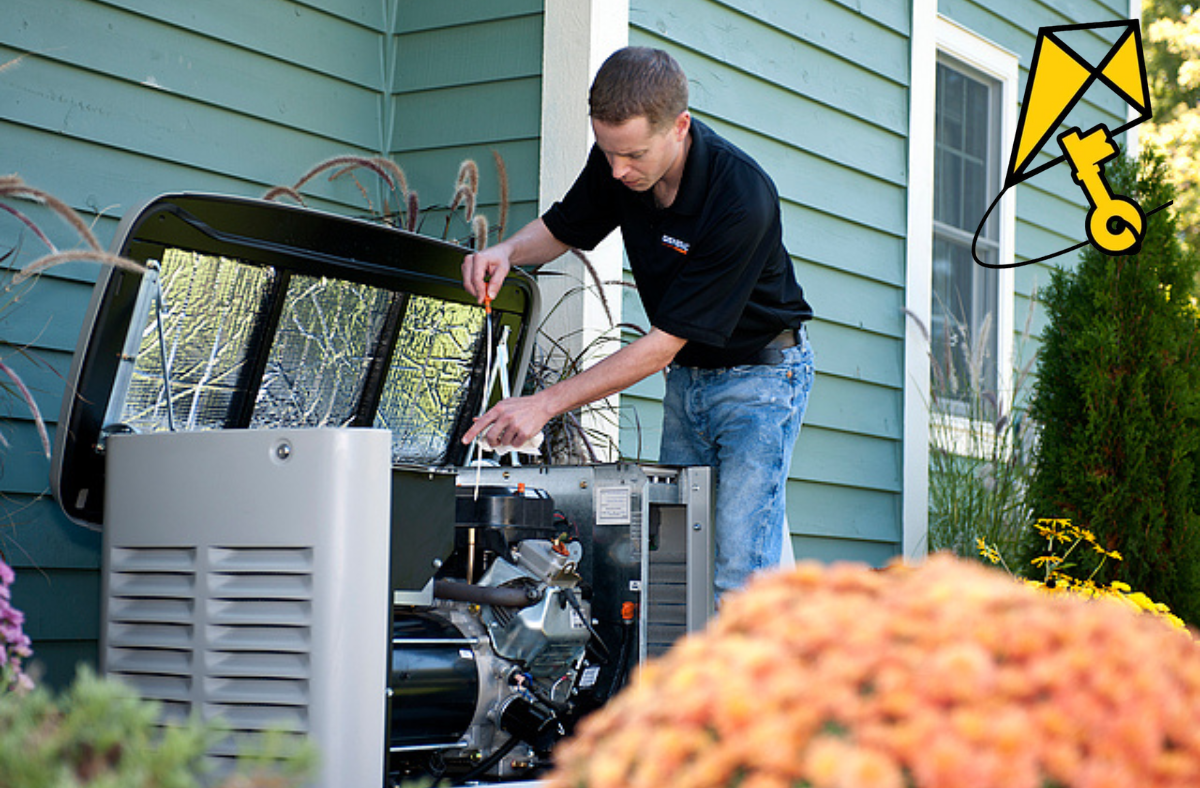 PowerMaster Electrics technician performing maintenance on a Generac home standby generator in Raleigh, NC